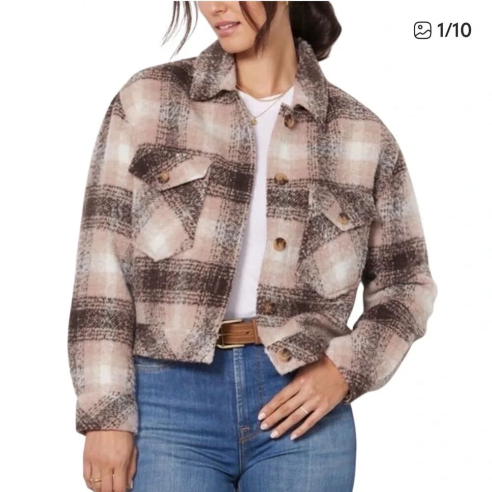 Evereve Plaid Shacket Jacket Beige Brown Button Front
